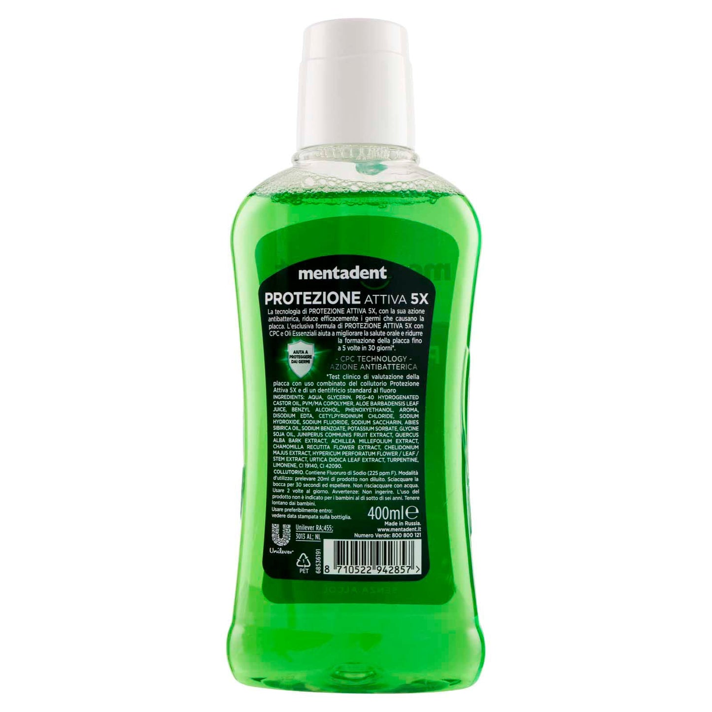 4x Mentadent Collutorio Protezione Attiva 5X Menta con Antibatterico e CPC Technology Senza Alcol - 4 Flaconi da 400ml ognuno