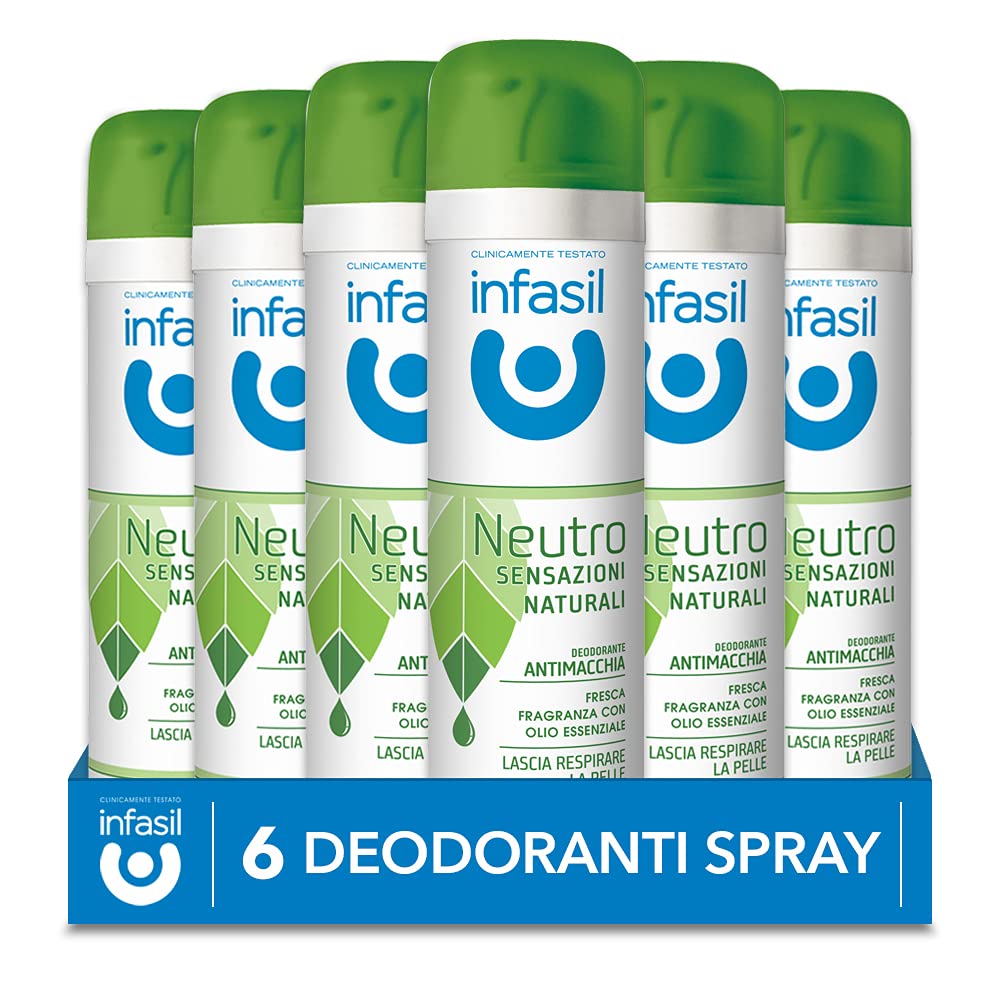 Infasil Neutro Sensazioni Naturali, Deodorante Spray Antimacchia Senza Sali di Alluminio, Efficace fino a 24H, Fragranza con Olio Essenziale, Delicato sulla Pelle, 6 Deodoranti da 150 ml