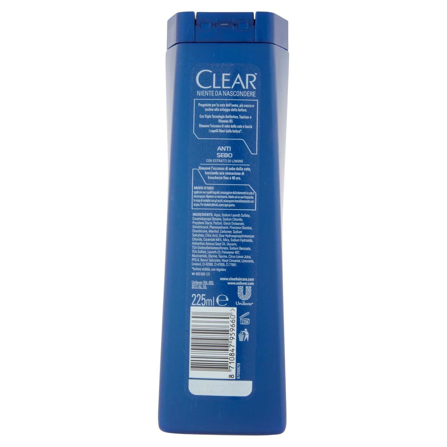6x Clear Men Anti Sebo Shampoo Antiforfora Con Estratti di Limone per Capelli Grassi - 6 Flaconi da 225ml