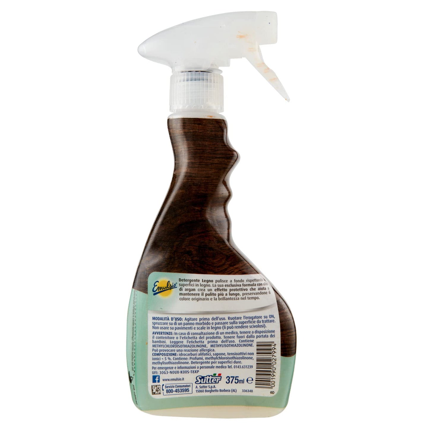 4x Emulsio Detergente Legno Spray Pulente e Lucidante con Olio d'Argan per Mobili in Legno- 4 Flaconi da 375ml ognuno