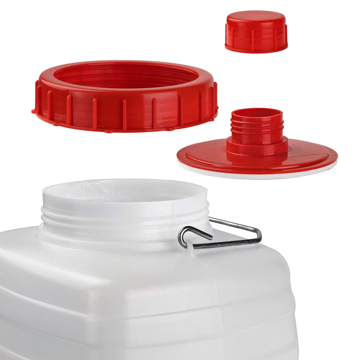 Bottiglione in plastica (HDPE), quadrato con collo largo e rubinetto, capacità 10 Lt, maniglia in ferro e tappo a vite (incluso)