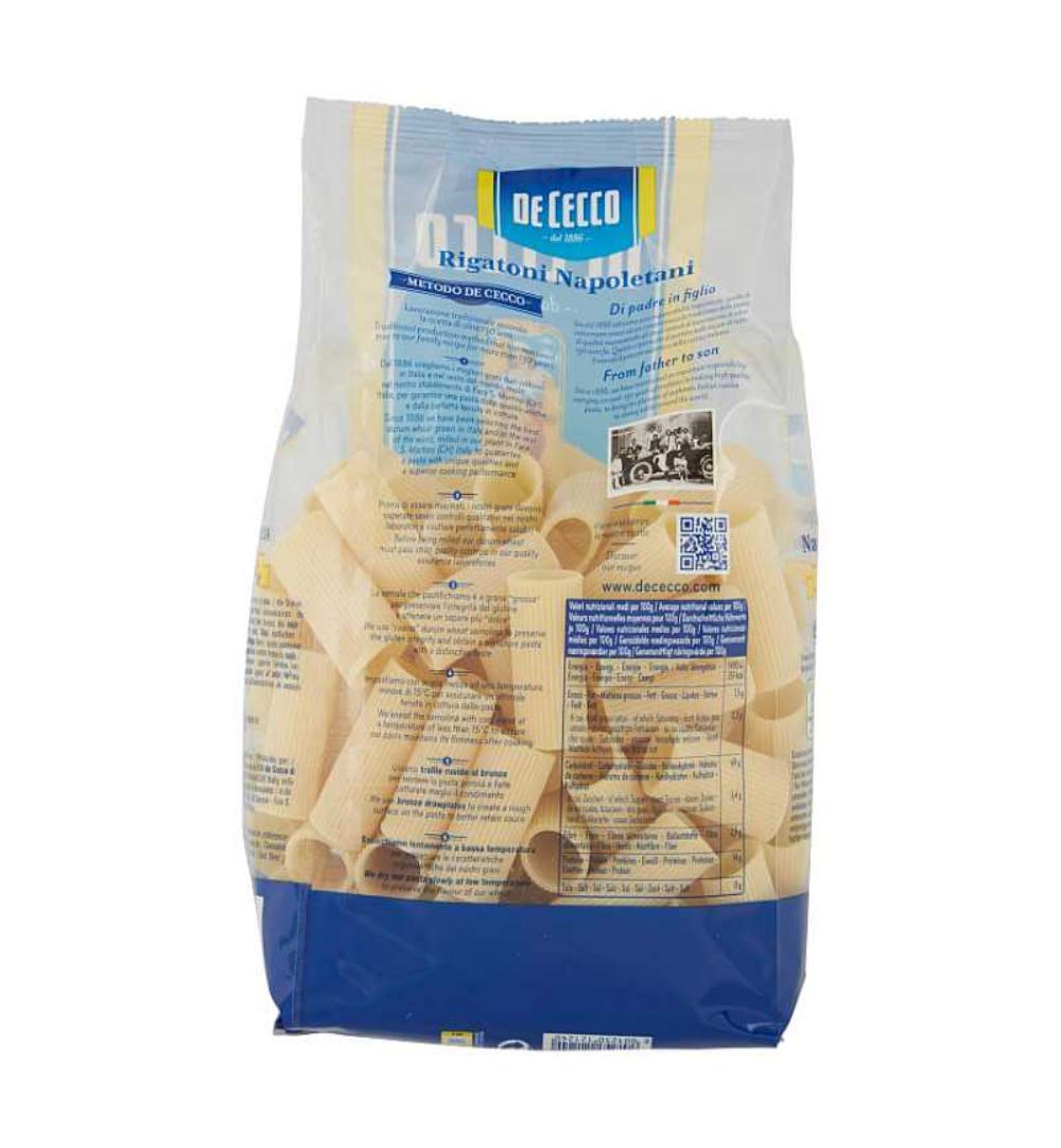 De Cecco Rigatoni Napoletani Pasta Corta 500 gr, Confezione da 4