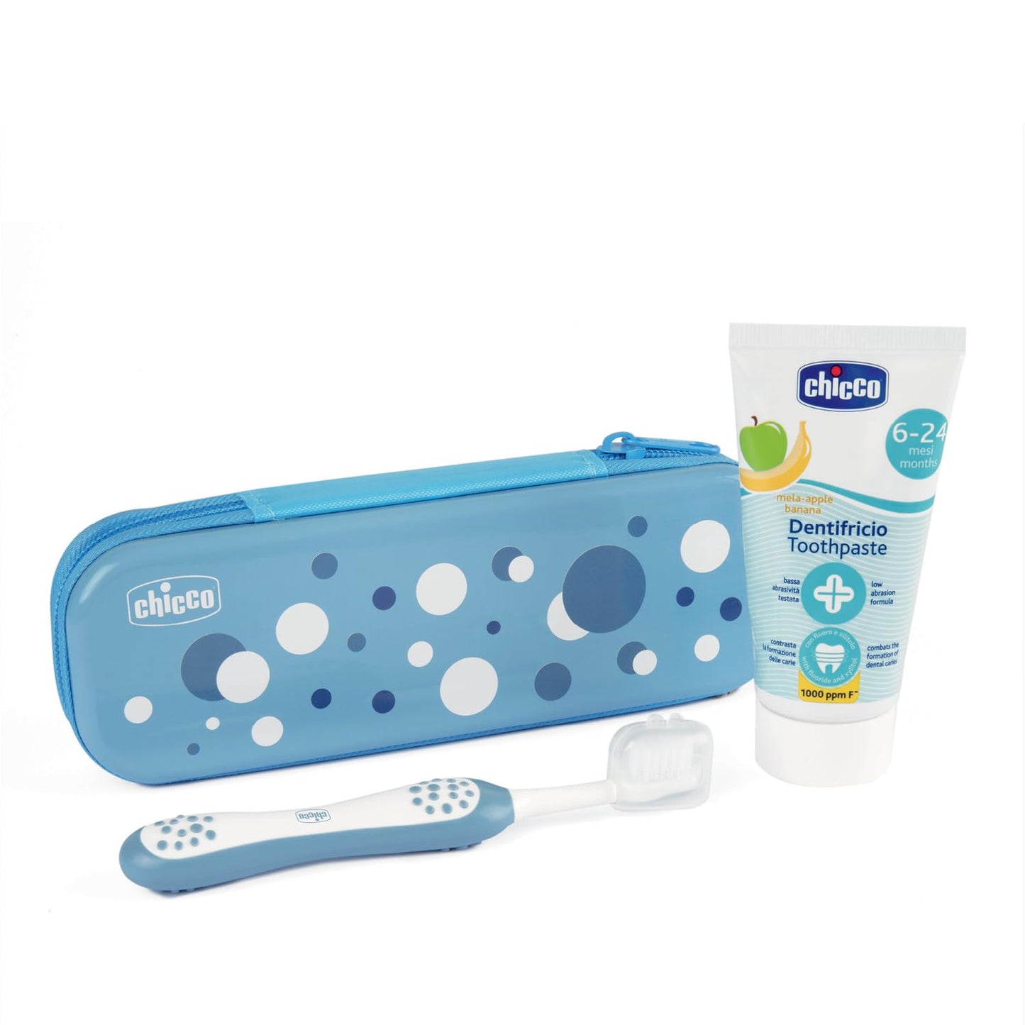 Chicco Set Spazzolino e Dentifricio per Bambini, Con Pratico Astuccio, Set Comprende Dentifricio Al Gusto Mela Banana e Spazzolino, Per i Primi Denti da Latte, Set da Viaggio, 6-36 Mesi, Azzurro