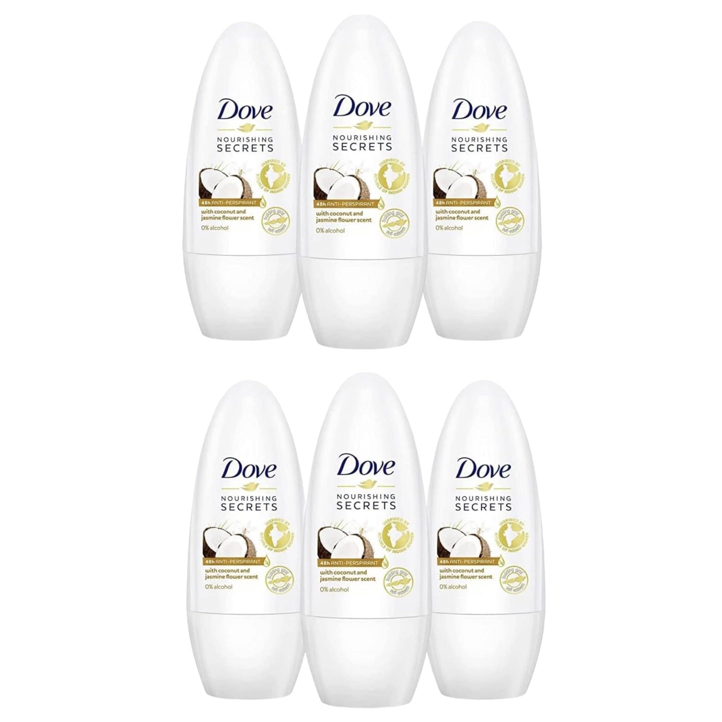 Dove - Detergente rigenerante Ritual al al profumo di cocco e fiori di gelsomino 0% deodorante Roll-On, confezione da 6 (6 x 50 ml)