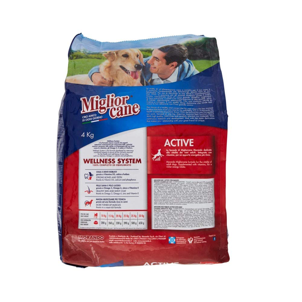 Miglior Cane - Crocchette Active per Cani con Manzo, Vitamine, Omega 3, Calcio, Fosforo per Muscoli, Ossa, Denti e Pelo più sani - 4 kg