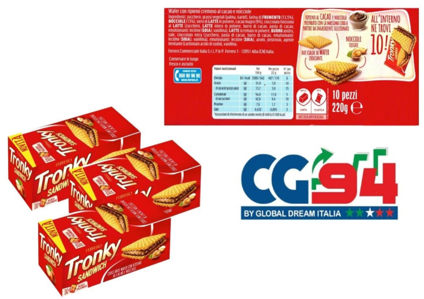 3X Croccante Wafer con Ripieno al Cacao e Nocciola, confezione per tronky Sandwich 220g