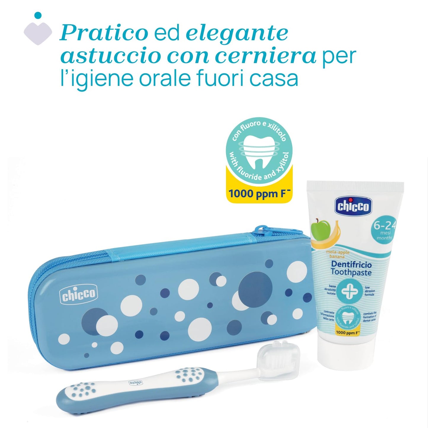 Chicco Set Spazzolino e Dentifricio per Bambini, Con Pratico Astuccio, Set Comprende Dentifricio Al Gusto Mela Banana e Spazzolino, Per i Primi Denti da Latte, Set da Viaggio, 6-36 Mesi, Azzurro