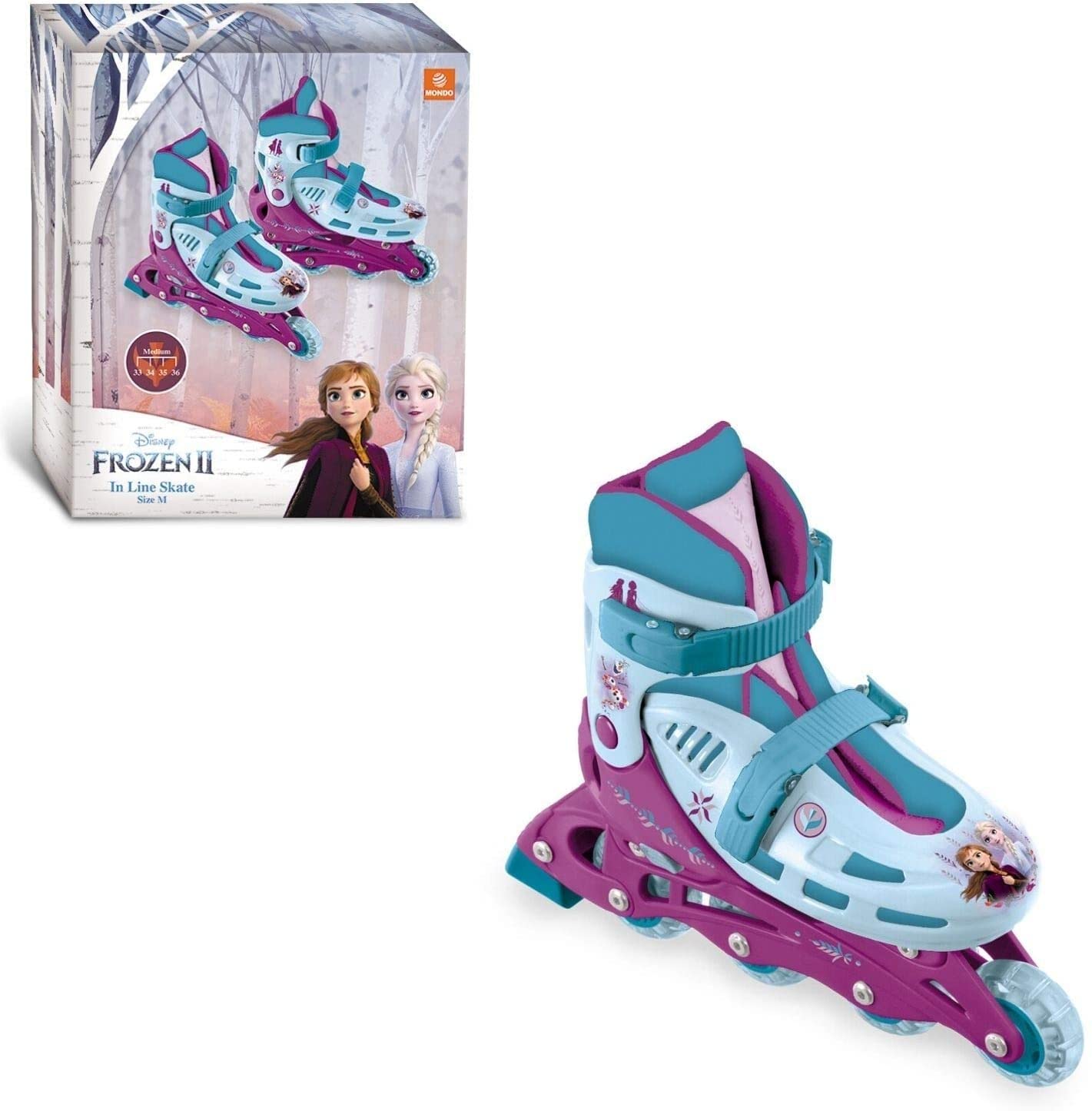 Mondo Toys - Design Frozen II In Line Skates - pattini in linea regolabili - Ruote PVC - roller bambino / bambina - Size M / mis. 33/36 - 28314