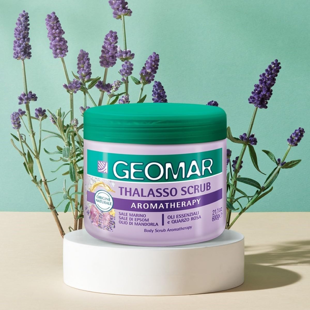 GEOMAR | Thalasso Scrub Corpo Aromatherapy, Con Sale Marino del Mar Morto e Sale di Epsom, Quarzo Rosa, Arricchita con Estratti Botanici (Timo e Mirto), 95% di Origine Naturale, Made in Italy, 600 g