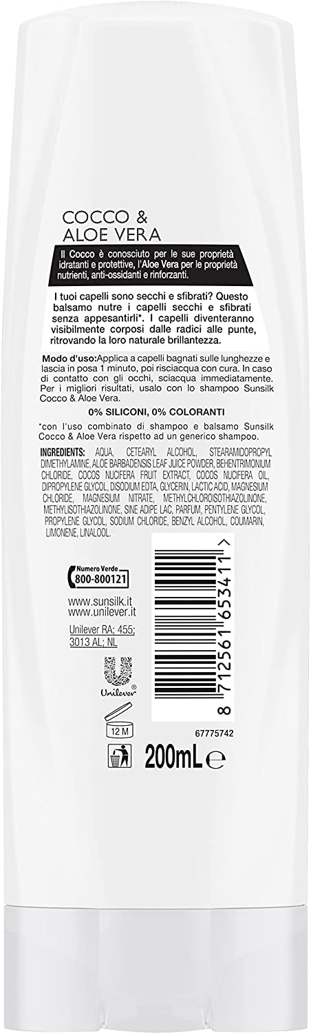 Sunsilk Ricarica Naturale Balsamo Potere Anti-Doppie Punte Cocco&Aloe Vera per Capelli Secchi, Maxiformato, 12 pezzi da 200 ml