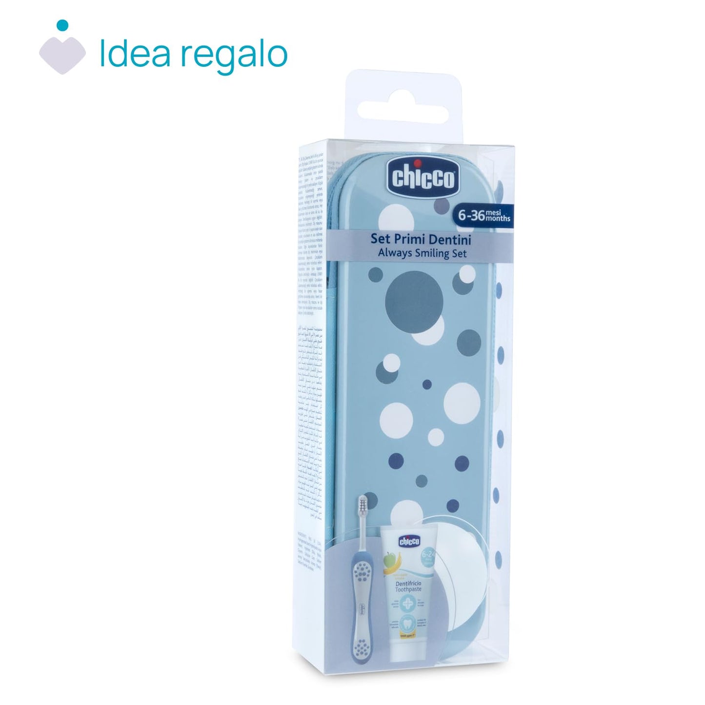 Chicco Set Spazzolino e Dentifricio per Bambini, Con Pratico Astuccio, Set Comprende Dentifricio Al Gusto Mela Banana e Spazzolino, Per i Primi Denti da Latte, Set da Viaggio, 6-36 Mesi, Azzurro