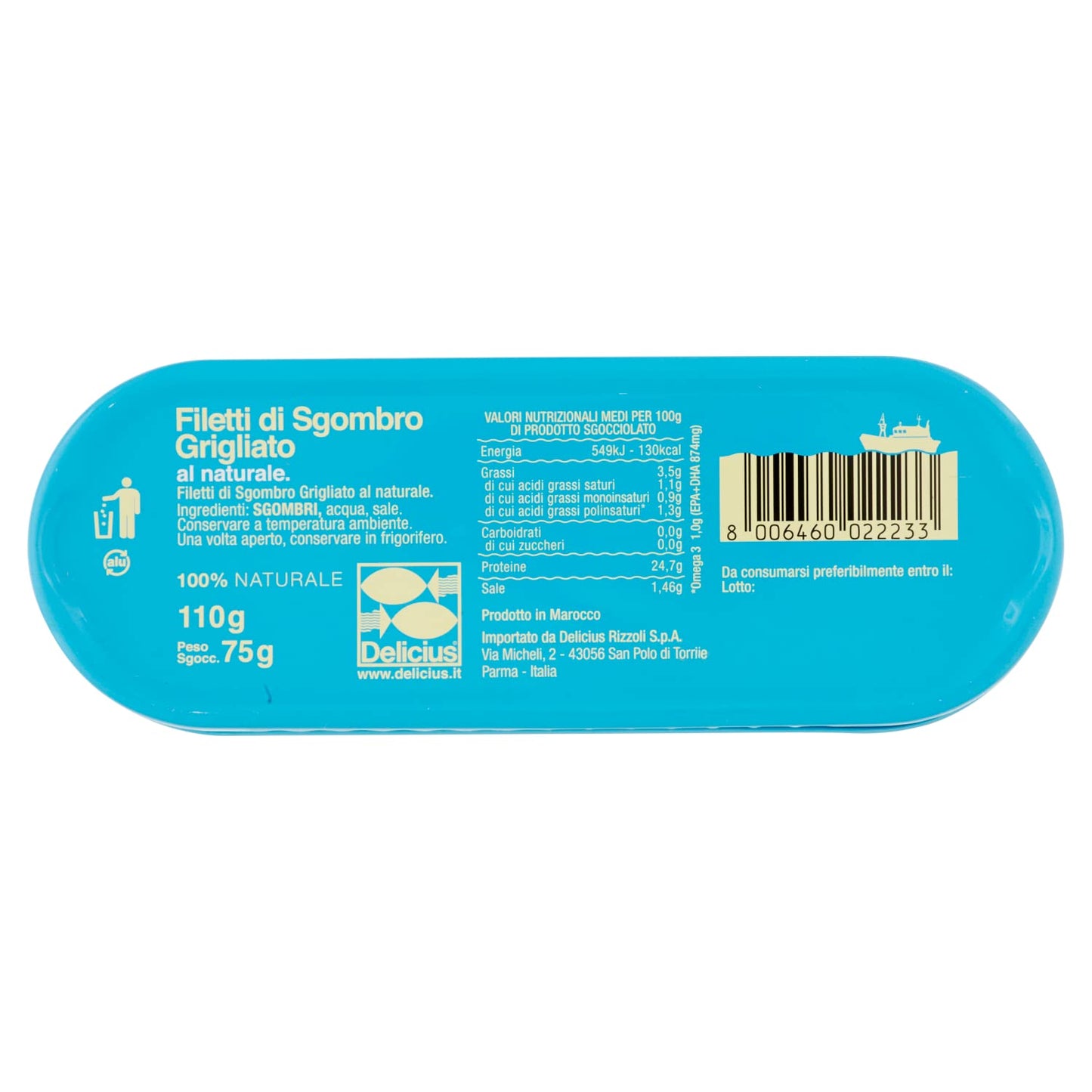 Delicius Scatola di Filetti di Sgombro Grigliato al Naturale 110g (14 pezzi)