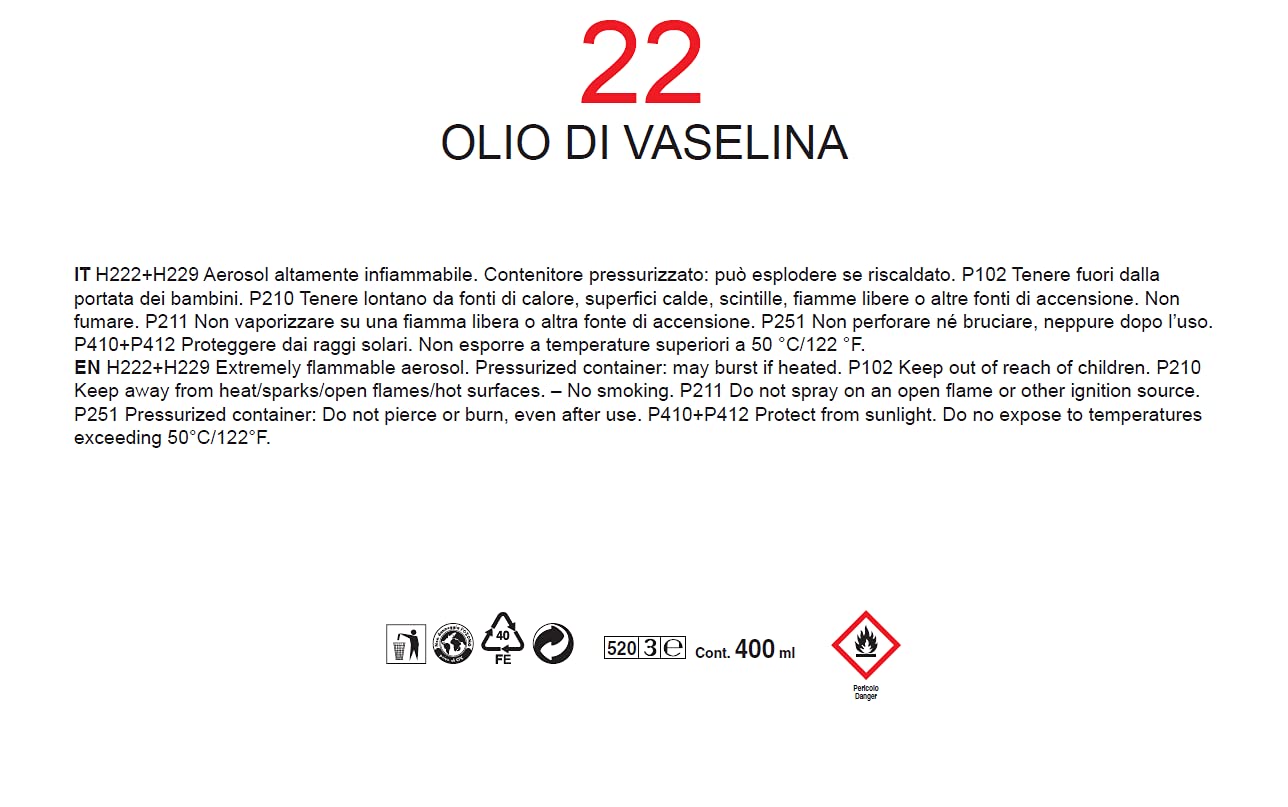 VMD Italia - VMD 22 - Olio di Vaselina, Lubrificante Spray Professionale, Bomboletta di Vasellina, Olio Lubrificante Privo di Colore e Odore, Protezione Duratura, 400 ml