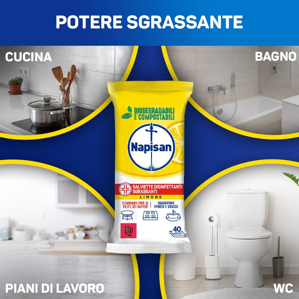 Napisan Salviette Disinfettanti Sgrassanti al Limone, Confezione da 8 Pacchi x 40 Salviette Disinfettanti Biodegradabili e Compostabili Multisuperfici