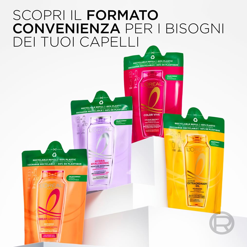 L'Oréal Elvive Shampoo Idratante, Per Capelli Secchi e Spenti, Capelli Luminosi, Voluminosi e Leggeri, 72H di Idratazione, Con Acido Ialuronico Puro, Formato Eco-Ricarica, Hydra Hyaluronic, 250 ml