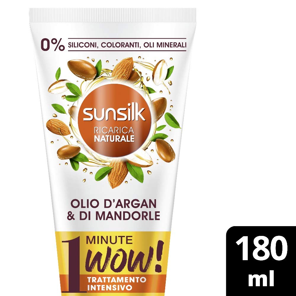 Sunsilk, Ricarica Naturale Trattamento Intensivo 1 Minute Wow, Maschera Capelli Fragili, con Olio di Argan e Olio di Mandorle Biologico, 98% di Ingredienti di Orgine Naturale, 6 Pezzi da 180ml