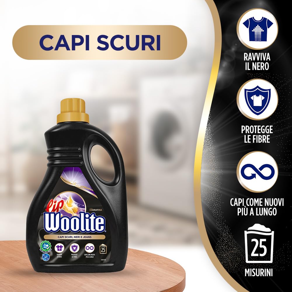 Lip Woolite Detersivo Lavatrice Capi Scuri, Neri e Jeans 25 Lavaggi, 4 confezioni da 1500 ml di Detersivo Lavatrice Liquido Capi Scuri con Cheratina