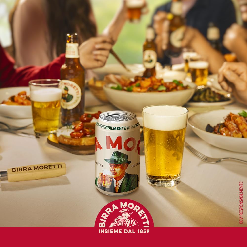 Birra Moretti Ricetta Originale, Cassa con 24 lattine da 33cl, Birra Lager a Bassa Fermentazione, Gusto Delicato ed Equilibrato, Gradazione 4,6% Vol