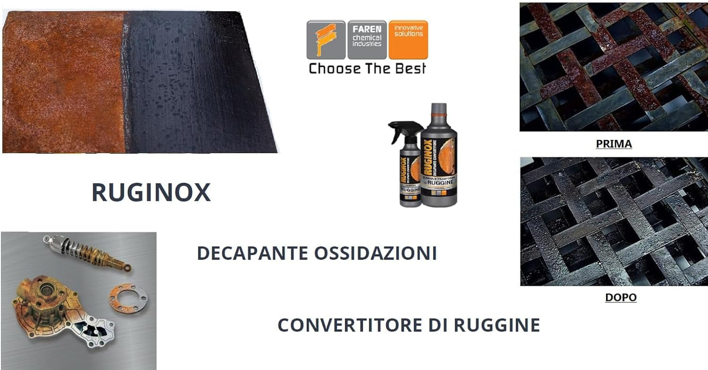 Faren RUGINOX Spray, Decapante e Convertitore di Ruggine,rimuove ossidazioni con azione immediata,Non forma strati,stuccabile e verniciabile dopo il trattamento,250 ml