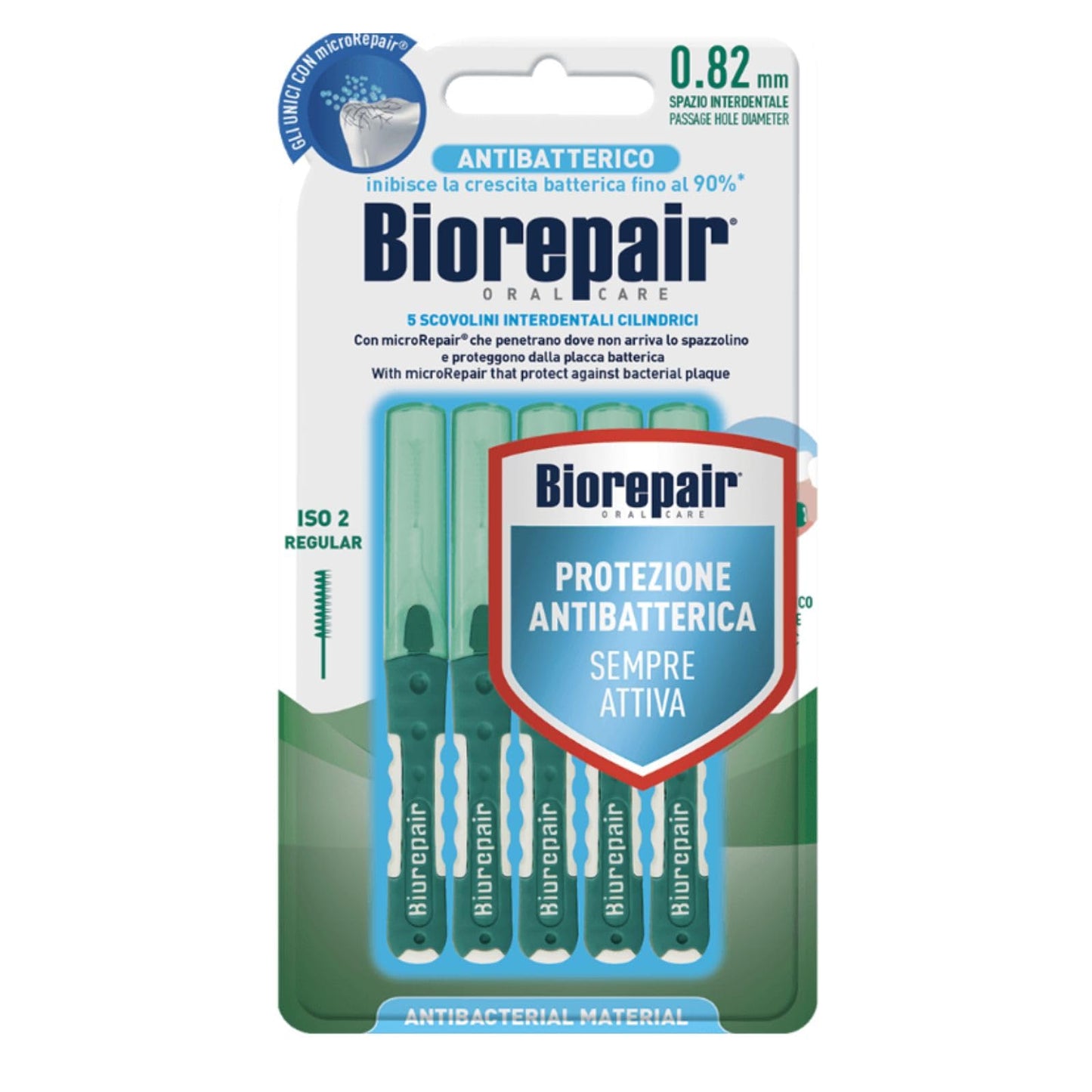 Biorepair, 5 Scovolini Interdentali Antibatterici, Delicati con Denti e Gengive, con Microrepair per una Pulizia Dentale Profonda, Formato Regular, Passaggio Interdentale 0,82mm"