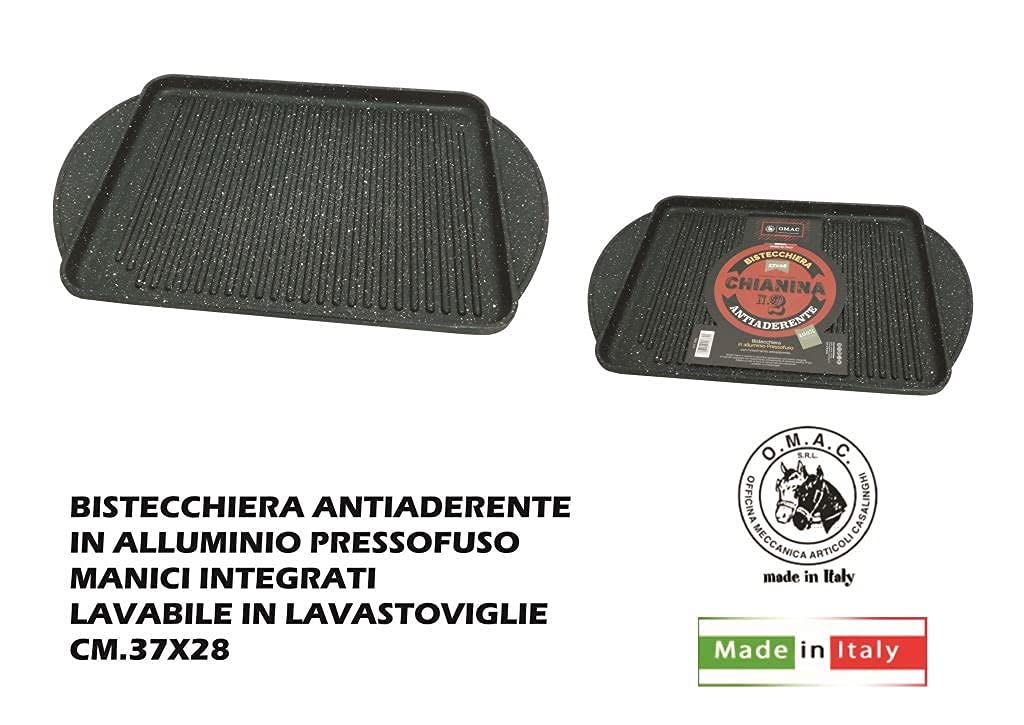 COOK BY OMAC Bistecchiera rettangolare Chianina 2 cm 37X28 in alluminio pressofuso, manici integrati, elevato spessore con rivestimento antiaderente di estrema qualità