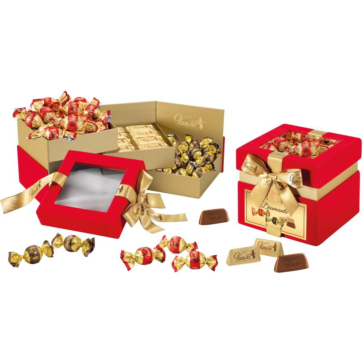 Vanoir Scrigno Portagioie in Velluto Rosso con all'interno Boules di Cioccolato a Latte, Fondente e Gianduiotti 380g