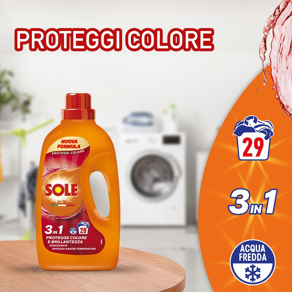 Sole Detersivo Lavatrice Proteggi colore 145 Lavaggi, (5x29), Formula igienizzante, Detersivo Lavatrice Liquido Proteggi colore, rimuove le macchie a basse temperature
