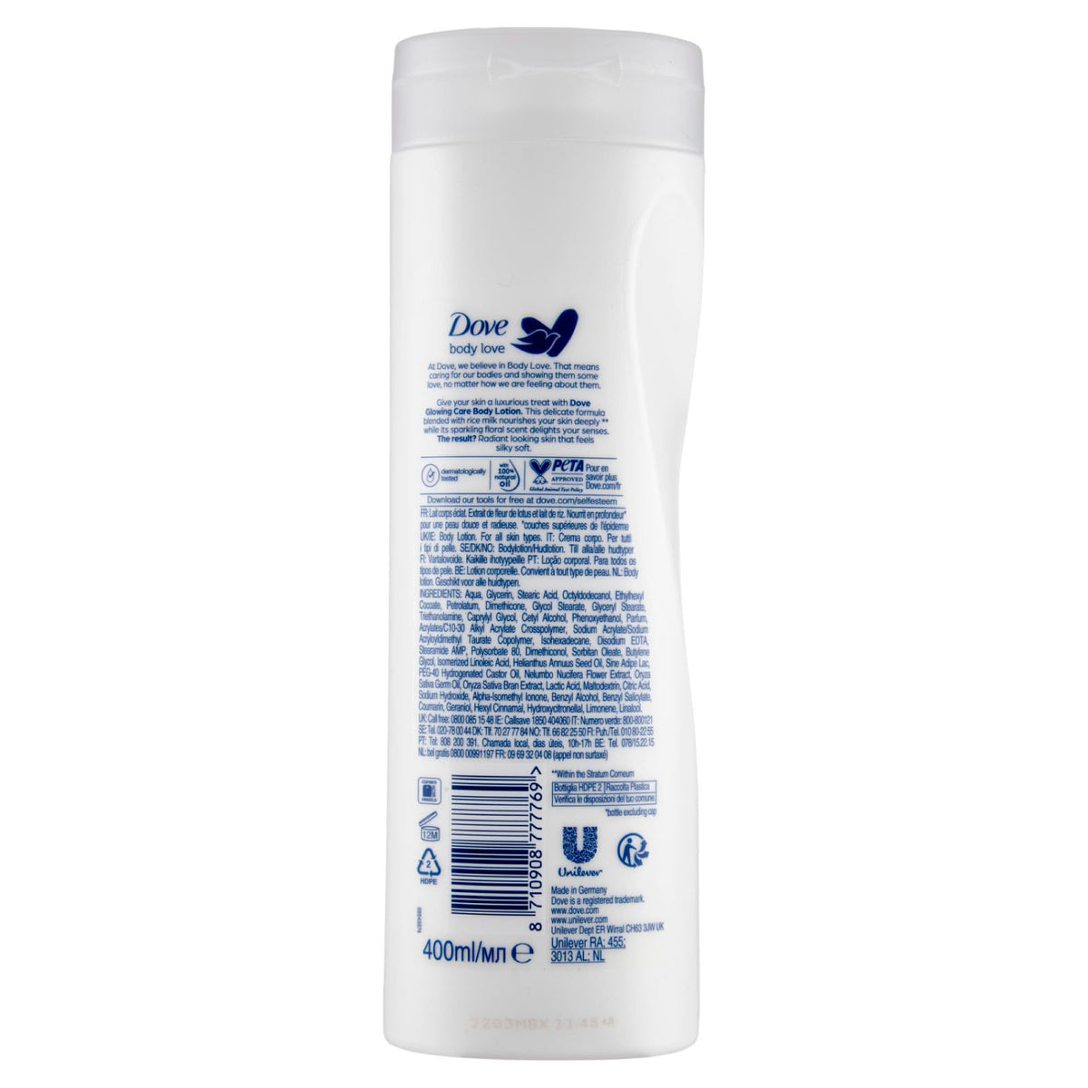Dove Body Love Glowing Care Crema Corpo Idratante E Nutriente per Tutti i Tipi di Pelle con Latte di Riso e Profumo Floreale - 2 Flaconi da 400ml