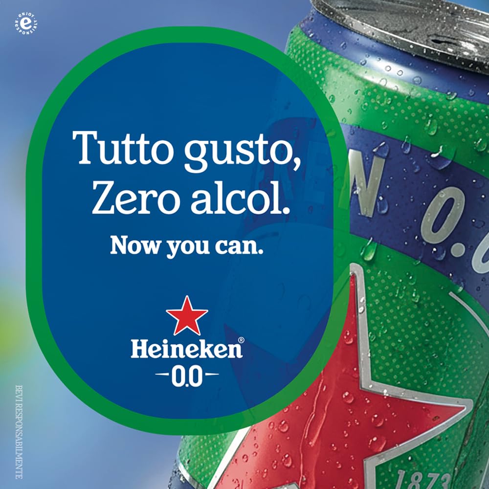 Birra Heineken 0.0% Analcolica, Cassa con 24 Lattine da 33cl, Birra Lager Analcolica a Bassa Fermentazione, Gusto Bilanciato con Fresche Note Fruttate e Maltate, Corpo Morbido, Gradazione 0,0% Vol