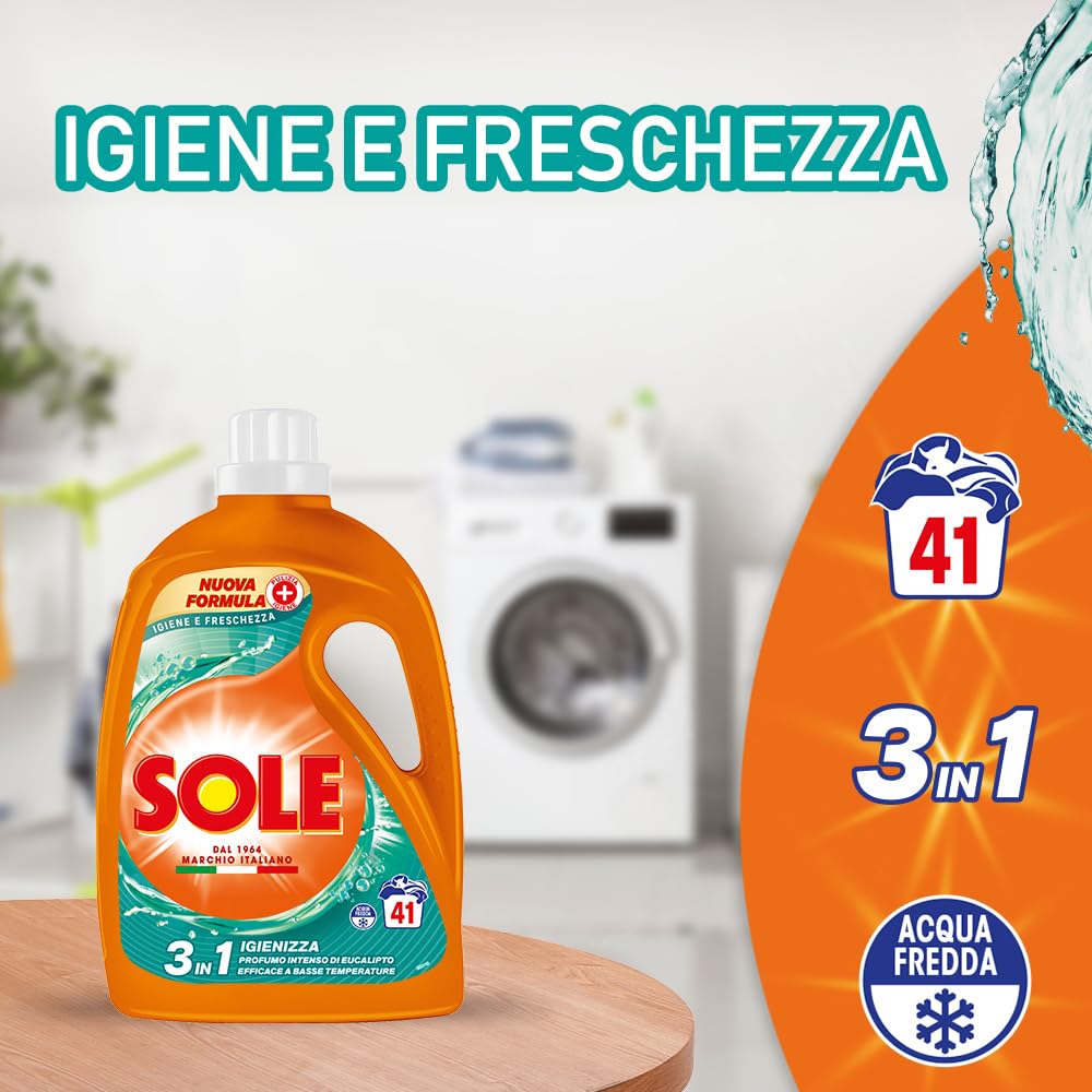 Sole Detersivo Lavatrice Igiene e Freschezza 205 Lavaggi, (5x41), Formula igienizzante, Detersivo Lavatrice Liquido Igiene e Freschezza, contro batteri e cattivo odore