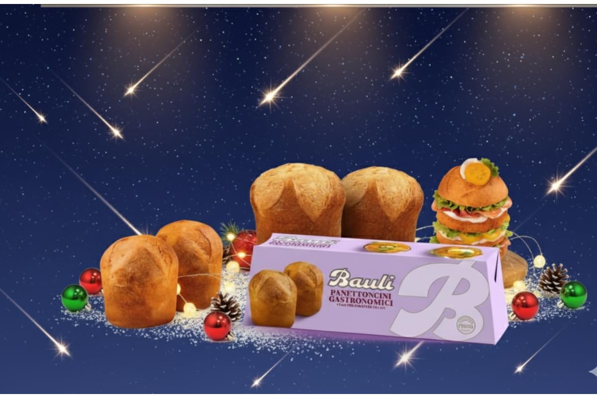 Panettoncini Bauli Gastronomici è una confezione da 3 mini panettoni salati da 320g ciascuno, senza canditi né uvetta, ideali per farciture salate.