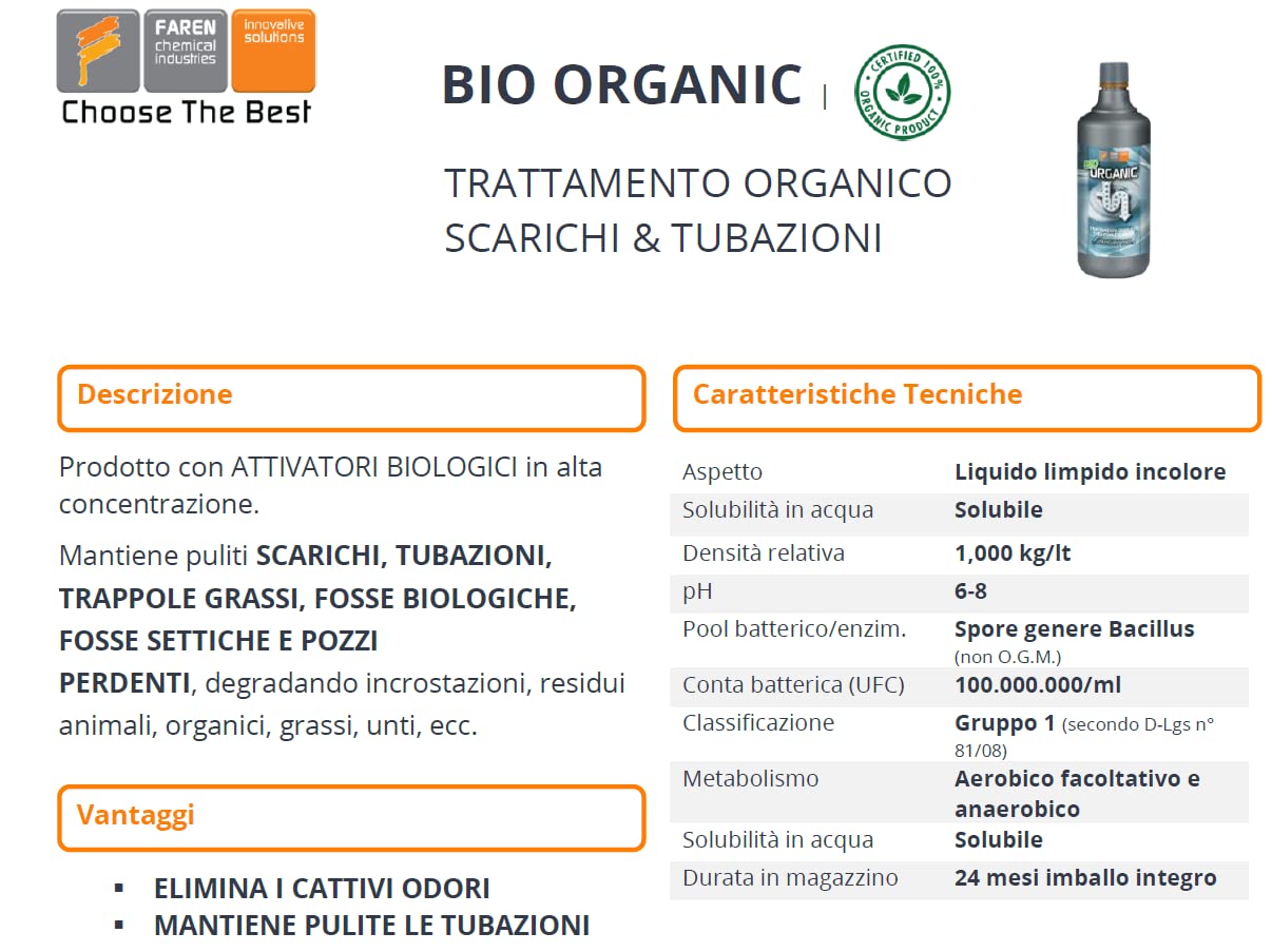 Faren BIO ORGANIC, Disgorgante Organico per il Trattamento di Scarichi, Tubazioni, Fosse Biologiche, con Attivatori Biologici in alta concentrazione, Elimina Odori, 1 Lt