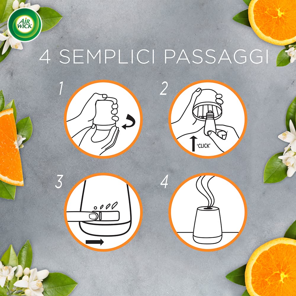 Airwick Diffusore di Fragranza con Oli Essenziali e Ricarica Fragranza, Mandarino e Arancia Dolce, Citrice, Rubicondo, 2 Unità, Confezione da 1