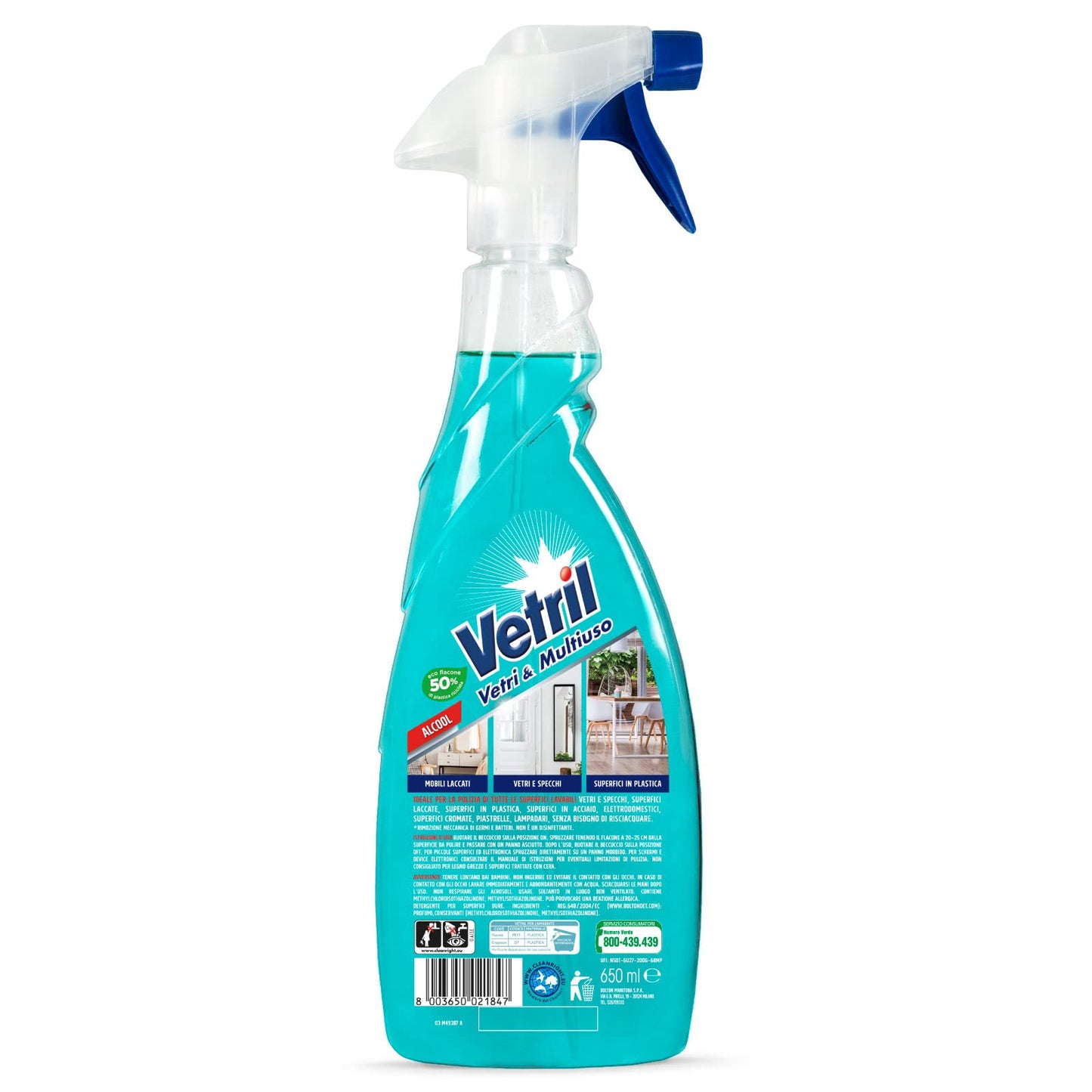 Vetril - Vetri e Multiuso, Igenizzante Spray Superfici con Alcool, Asciugatura rapida, Brillantezza Senza Aloni, 650 ml x 3 Pezzi