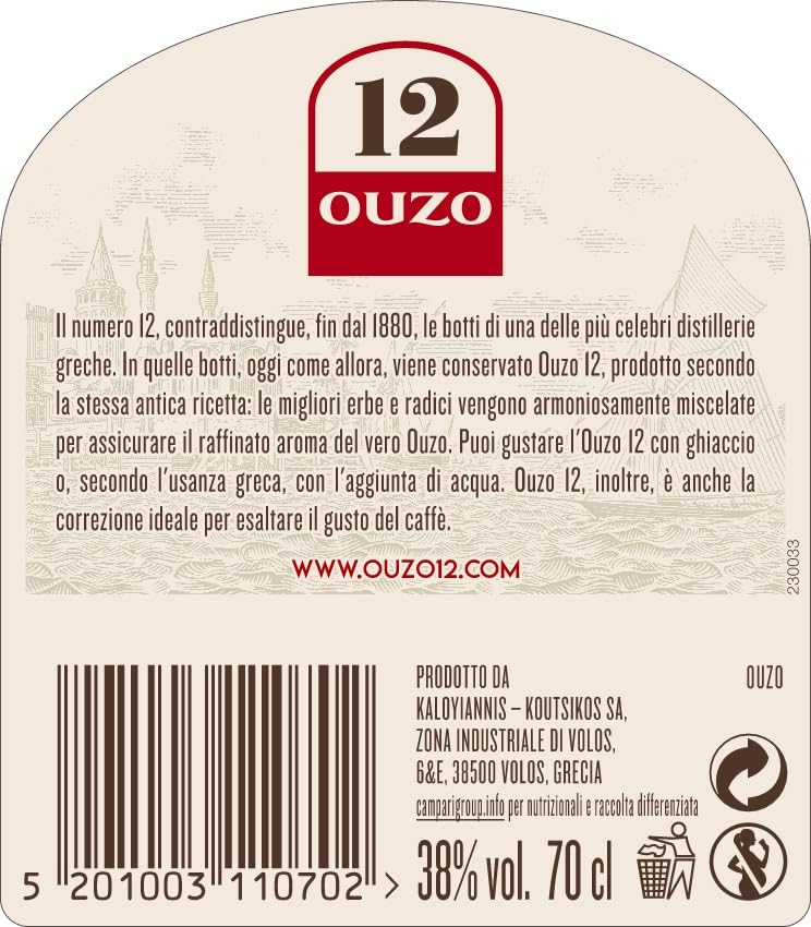 12 Ouzo - Liquore Tradizionale Greco, 70 cl, con Anice, Finocchio e Spezie, 38% Vol