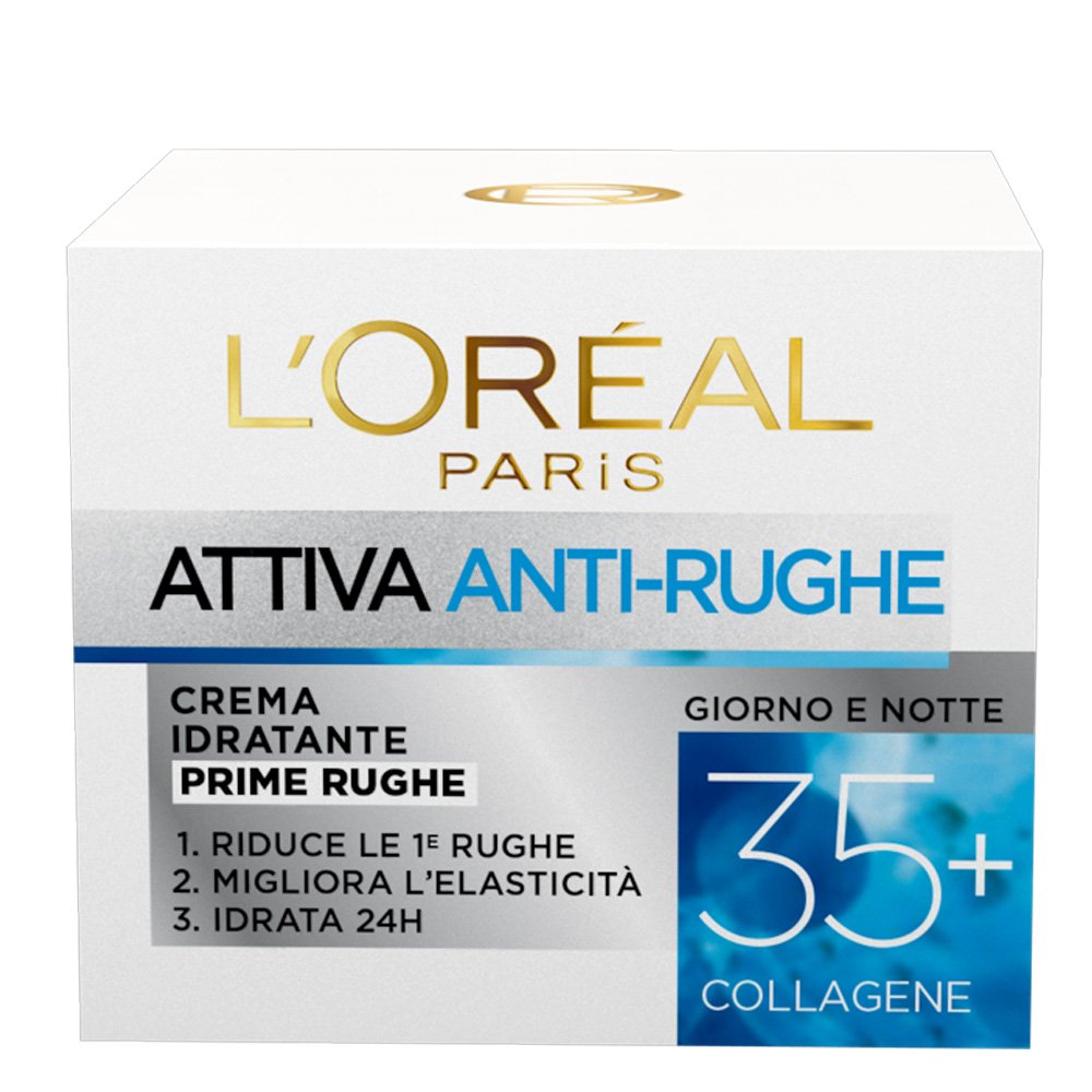 L'Oréal Paris Crema Viso Anti-rughe Attiva 35+, Crema Idratante Prime Rughe, Migliora l'Elasticità e Idrata la Pelle, 50 ml, Confezione da 1
