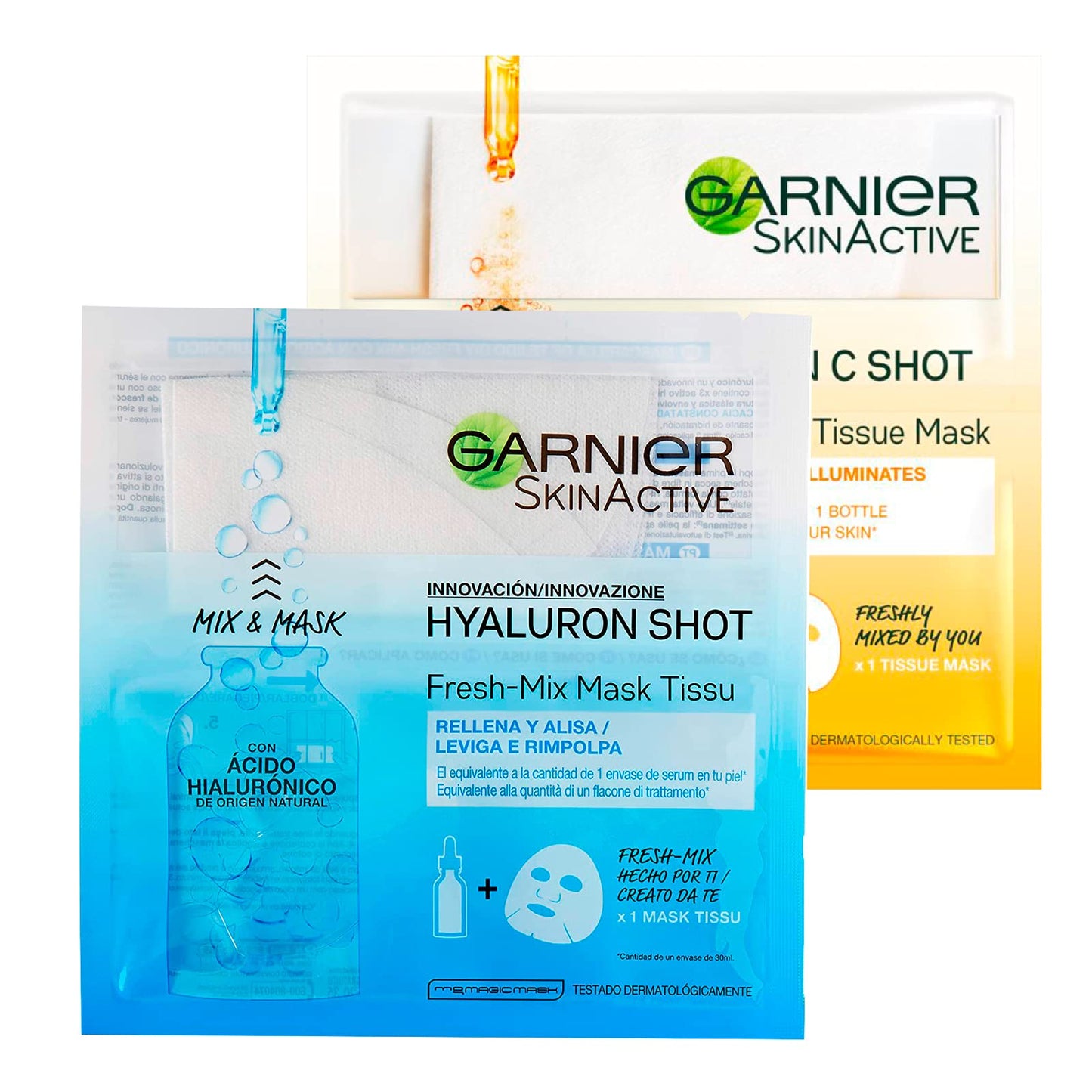 2 Maschere Viso Garnier SkinActive in Tessuto Hyaluron Shot idratante rimpolpante e Vitamin C Shot illuminante energizzante con Vitamina C - 2 Confezioni da 1 Trattamento