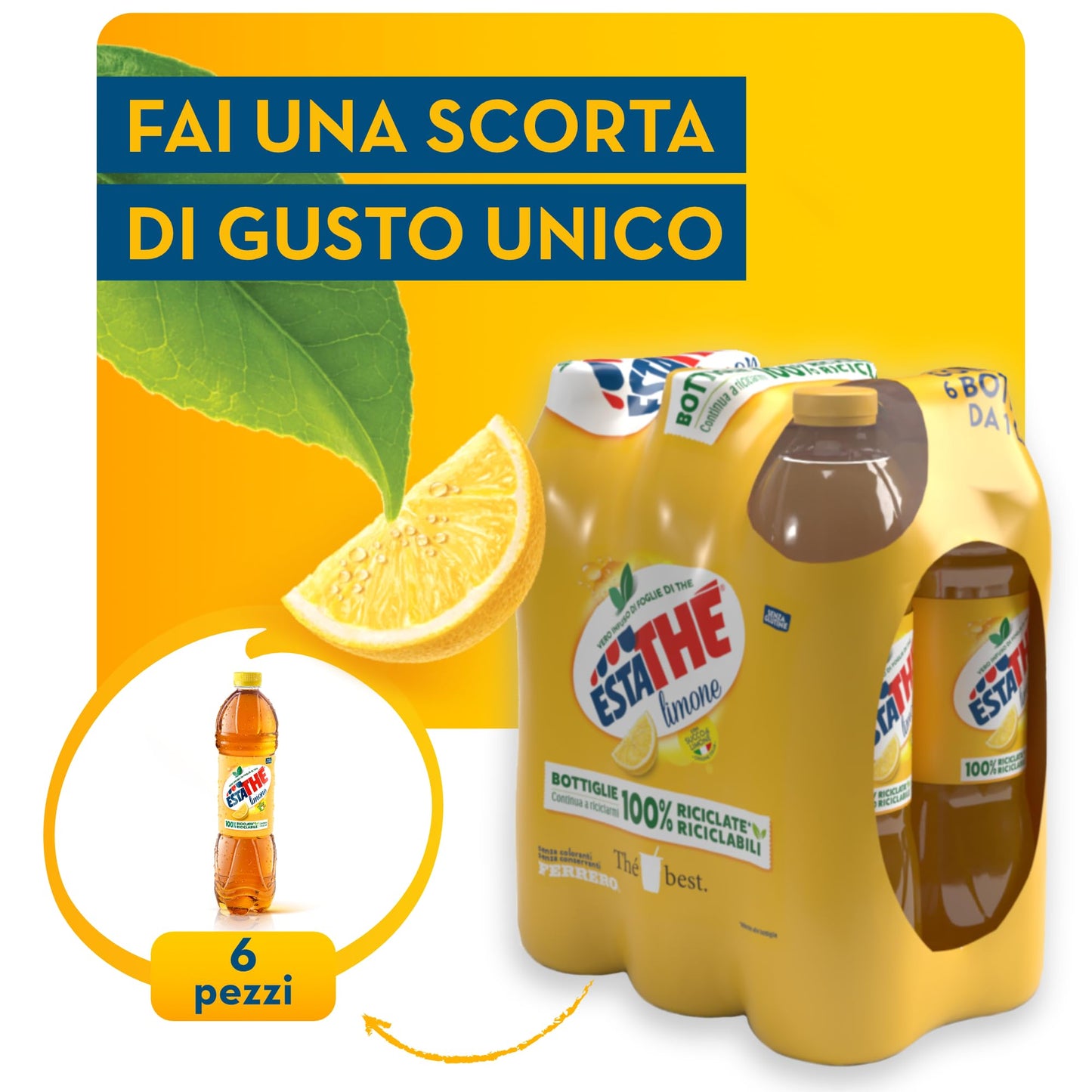 Estathé Limone - The Freddo con Vero Infuso di Foglie di The e Succo di Limone, Bevanda Analcolica Senza Glutine, 6 Bottiglie da 1,5 lt