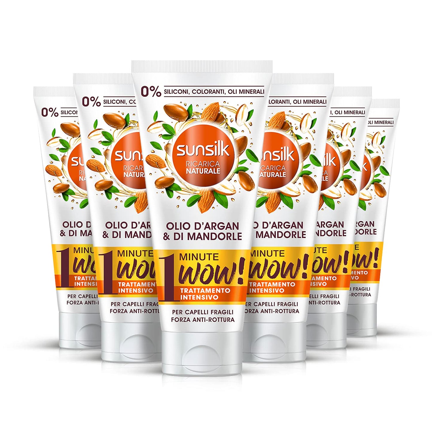 Sunsilk, Ricarica Naturale Trattamento Intensivo 1 Minute Wow, Maschera Capelli Fragili, con Olio di Argan e Olio di Mandorle Biologico, 98% di Ingredienti di Orgine Naturale, 6 Pezzi da 180ml