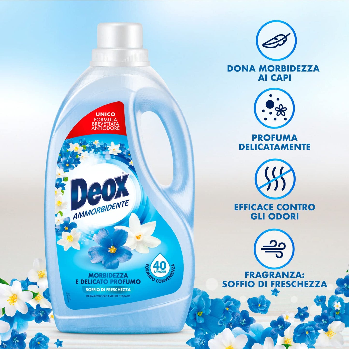 Deox - Ammorbidente Lavatrice, Capi Morbidi e Profumati, con Tecnologia Antiodore, Fragranza Soffio di Freschezza, 40 Lavaggi x 3 Confezioni