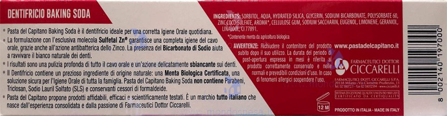 Pasta del Capitano bicarbonato di sodio Dentifricio 100ml 4oz Confezione da 4