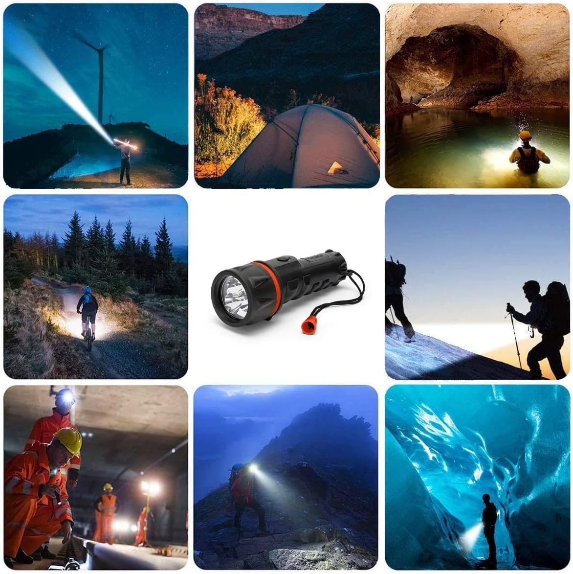 Velamp Torcia LED impermeabile - Impugnatura antiscivolo e laccetto – Alta potenza e resistenza - Per uso esterno ed emergenze - 2 batterie tipo D