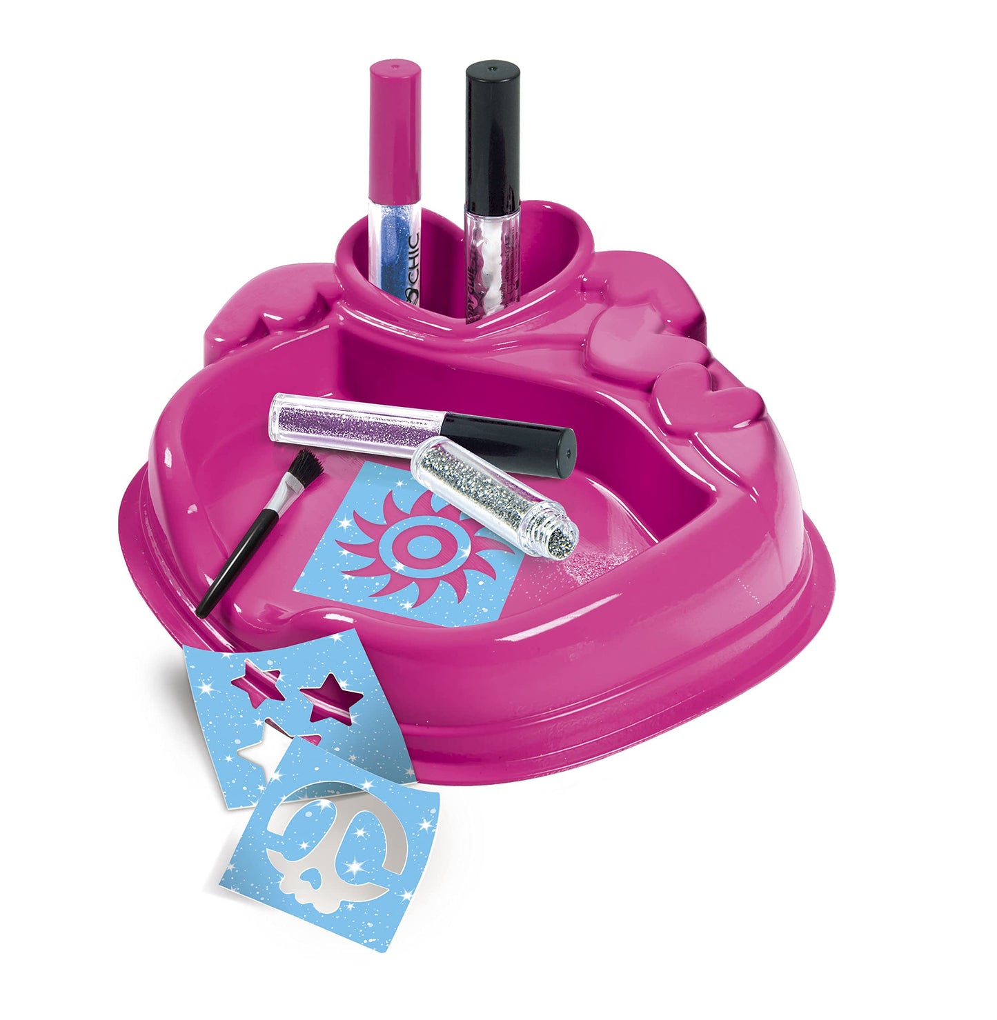 Clementoni Crazy Chic - Glitter Tattoo, Gioco Creativo Bambini 6+ Anni, Kit per Creare Tatuaggi Temporanei Glitterati, Stencil Adesivi e Accessori per Decorazioni per Il Corpo, 18513