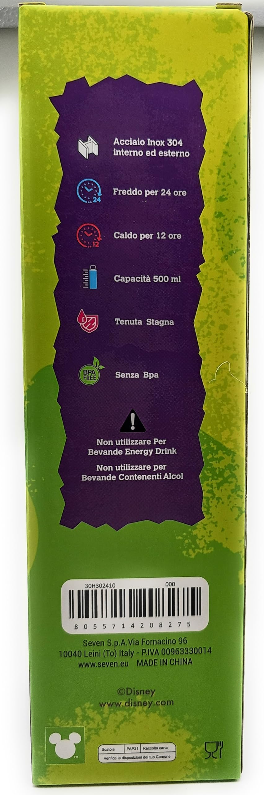 SEVEN Borraccia realizzata per STITCH, Verde, Borraccia Termica in Acciaio Inox Interno Esterno, Mantenimento Temperatura fino a 24h, Borraccia Scuola Bambino - Bottle Termica