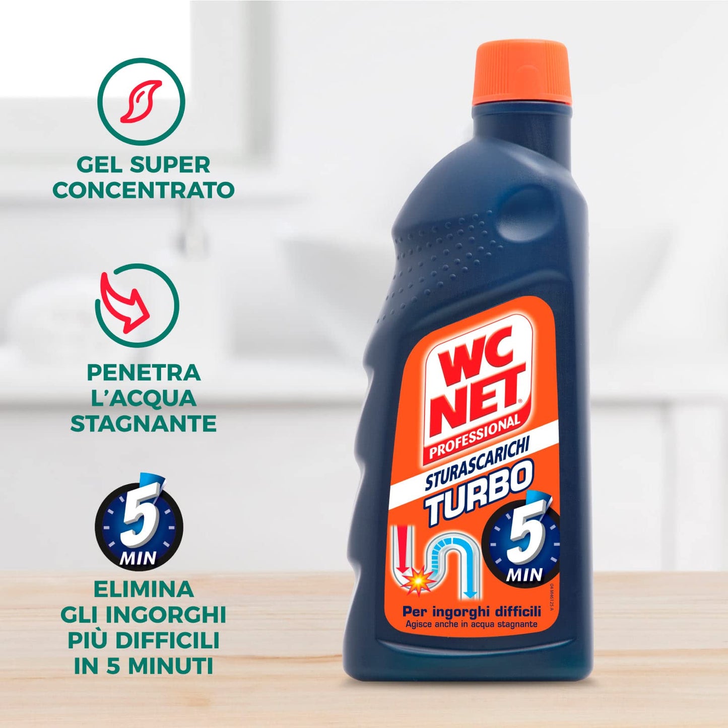 Wc Net - Professional Turbo, Disgorgante Gel per Scarichi Professionale, Agisce in 5 minuti, con Agenti Salvatubi, 500 ml x 3 Confezioni