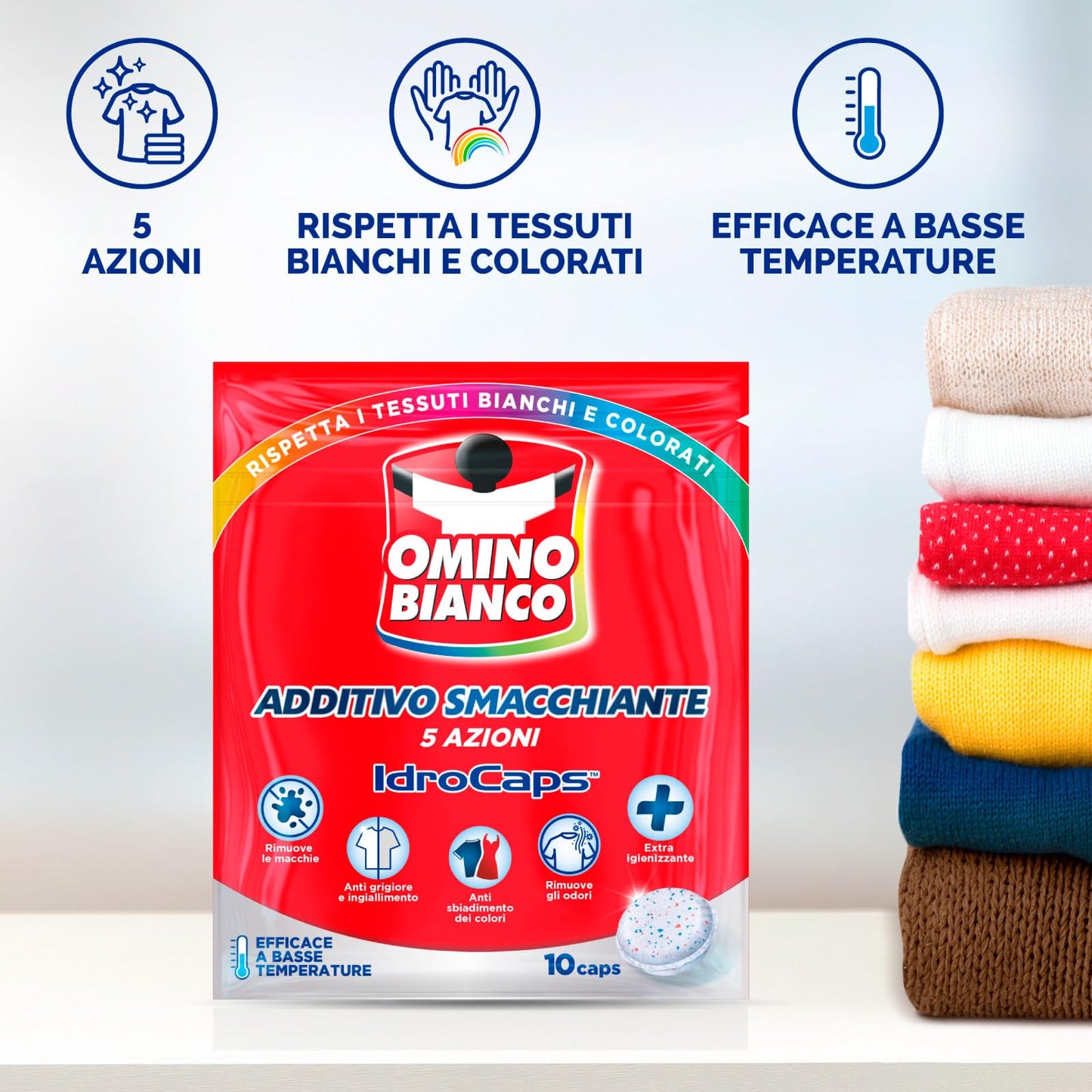 Omino Bianco - Additivo Smacchiante Lavatrice 5 Azioni in 1 Idrocaps, Capsule Idrosolubili per Bucato, Smacchiatore Igienizzante, 3 Confezioni x 10 Caps