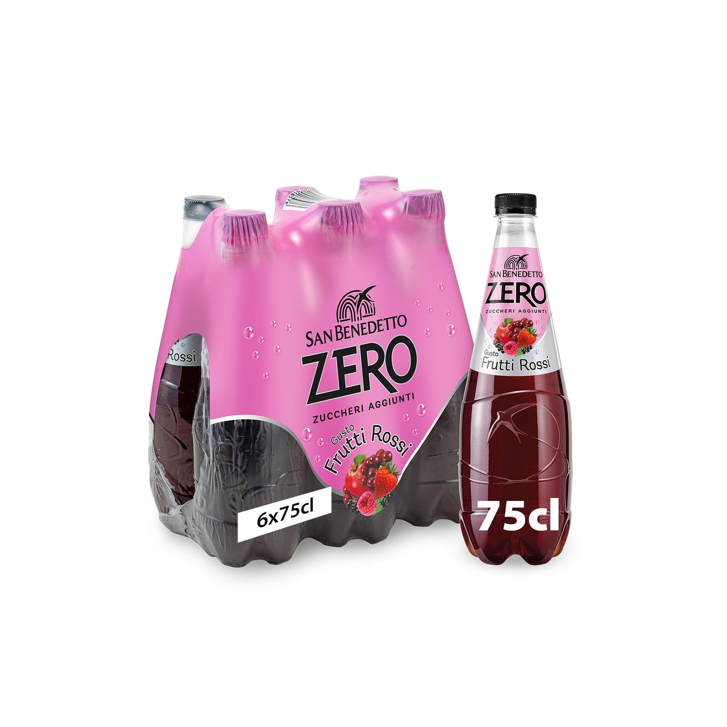 San Benedetto, Bibita Analcolica Gassata ai Frutti Rossi Zero, 6x750 ml, Senza Zuccheri Aggiunti e Senza Calorie, Rinfrescante e Leggera
