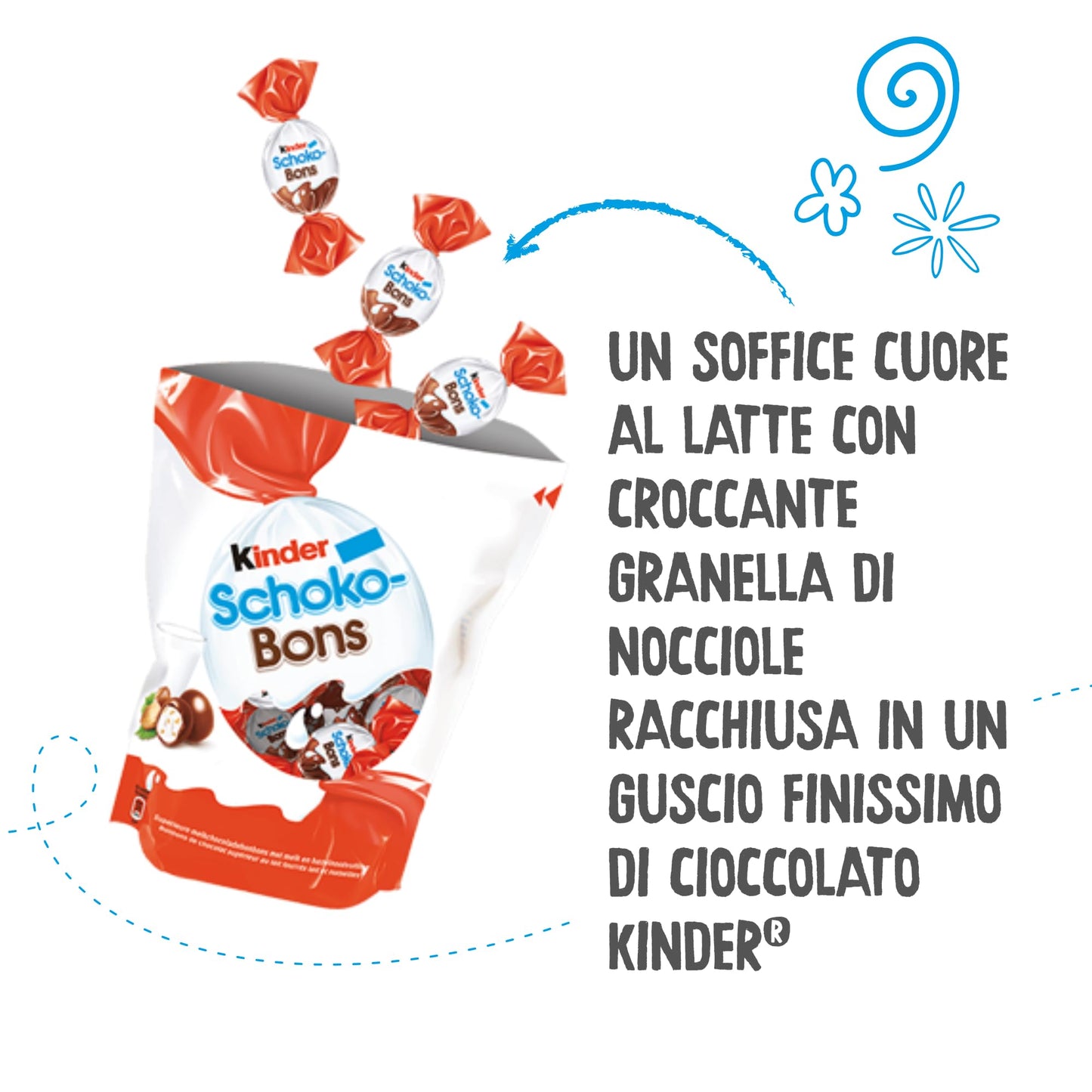 Kinder Schoko-Bons - Cioccolatini al Latte Ricoperti di Cioccolato Kinder con un Soffice Cuore al Latte e Granella di Nocciole, Senza Glutine, 12 Confezioni da 46 gr