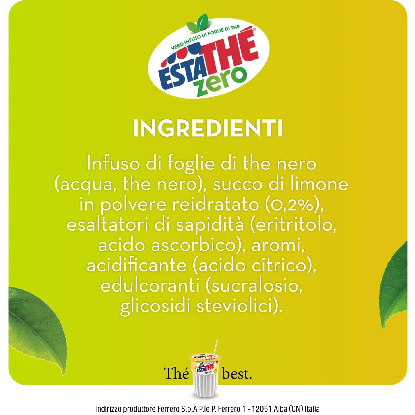 Estathé Zero Limone - The Freddo, Senza Zucchero, con Vero Infuso di Foglie di The e Succo di Limone, Bevanda Analcolica Senza Glutine, 12 Bottiglie da 0,4 lt