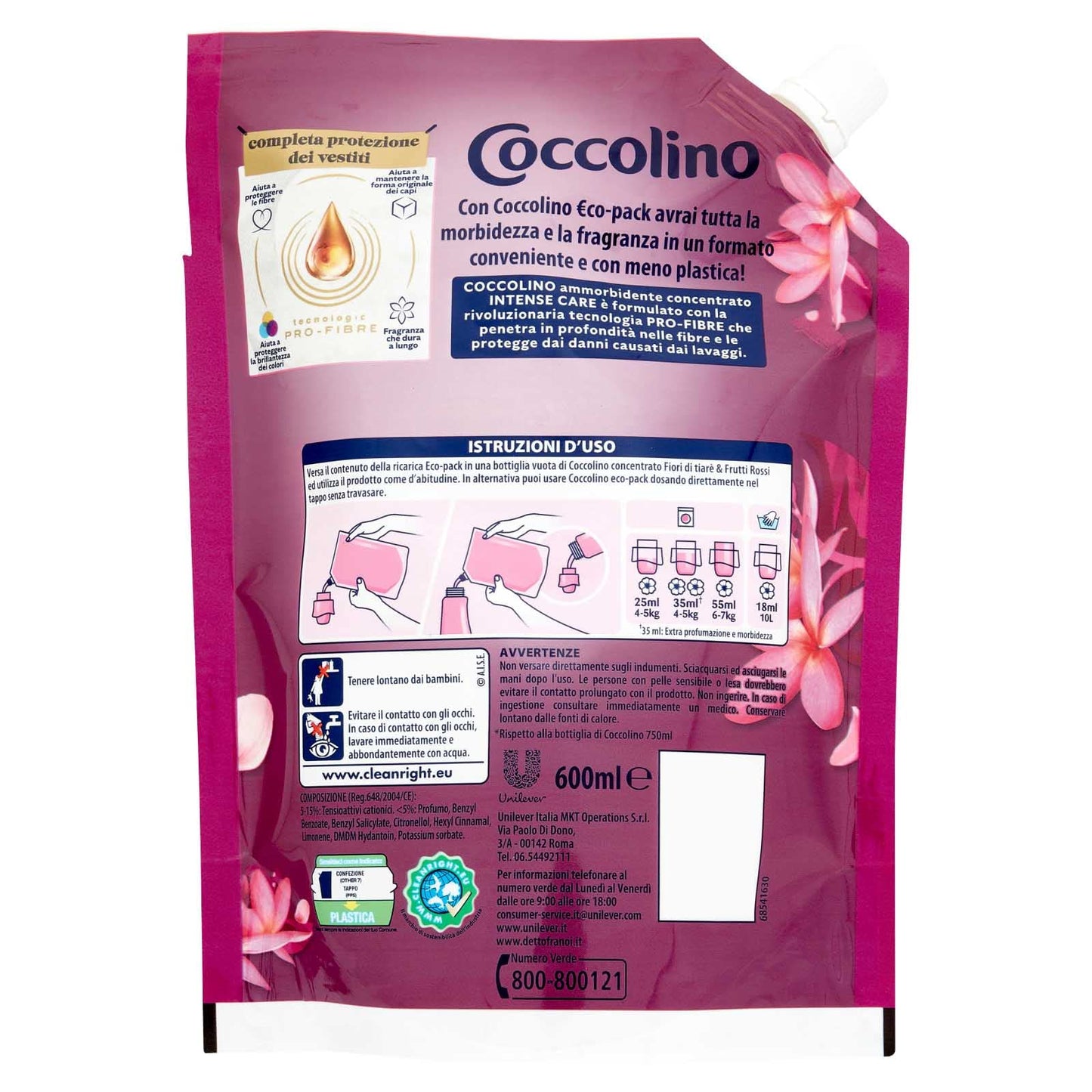 6x Coccolino Intense Care Ammorbidente Concentrato Profumo di Fiori di Tiarè e Frutti Rossi 144 Lavaggi Totali - 6 Flaconi da 600 ml Ognuno